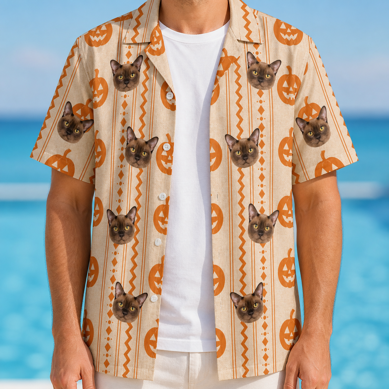 Man wearing Men's Spooky Squash Custom Cat Face Hawaiian Shirt open over a white tee