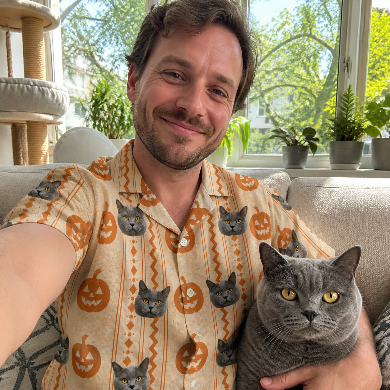 Selfie with the pet whose face is printed all over this Men's Spooky Squash Custom Cat Face Hawaiian Shirt