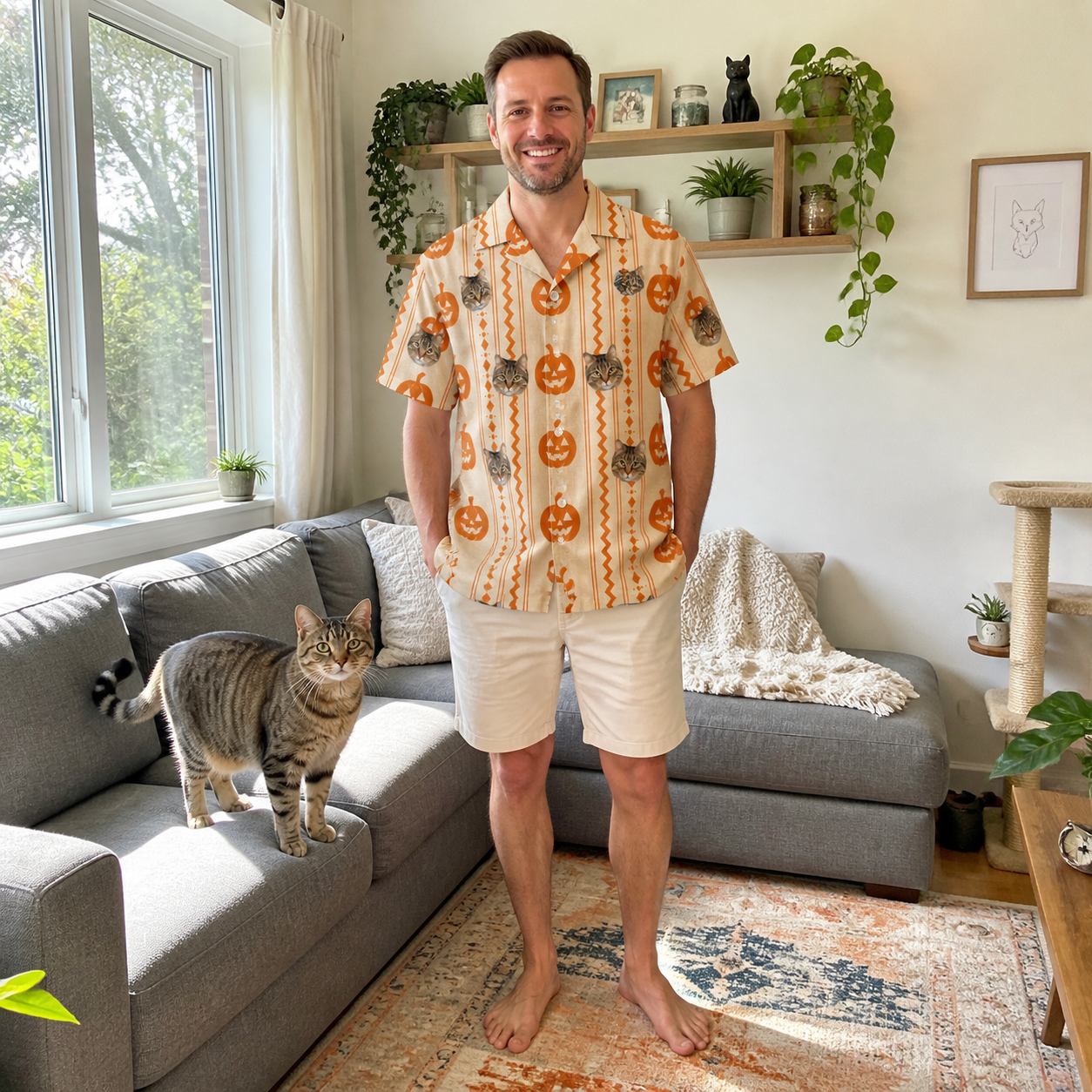 Full-length photo with the pet printed all over this Men's Spooky Squash Custom Cat Face Hawaiian Shirt