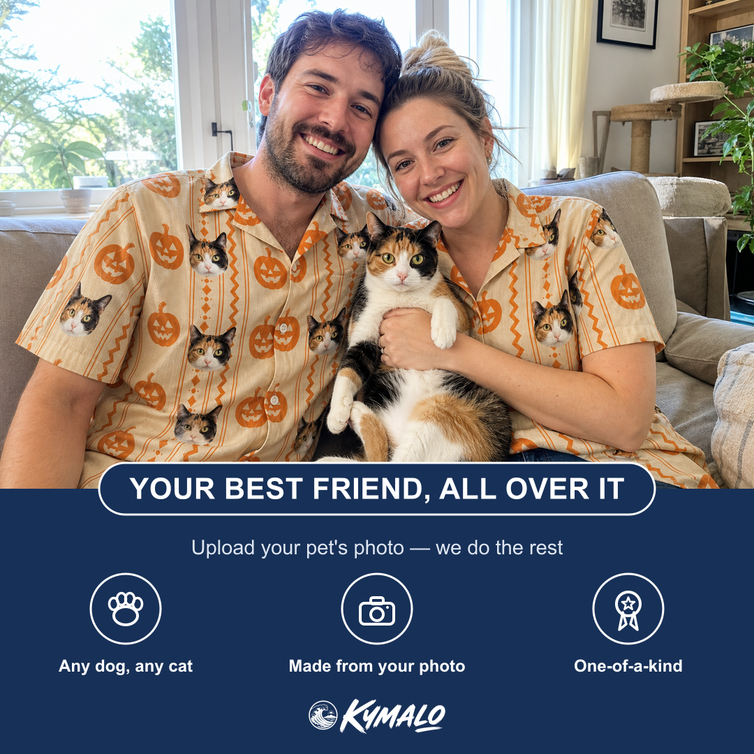 Friends in matching Men's Spooky Squash Custom Cat Face Hawaiian Shirt — a group gift photo