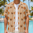 Man wearing Men's Spooky Squash Custom Dog Face Hawaiian Shirt open over a white tee