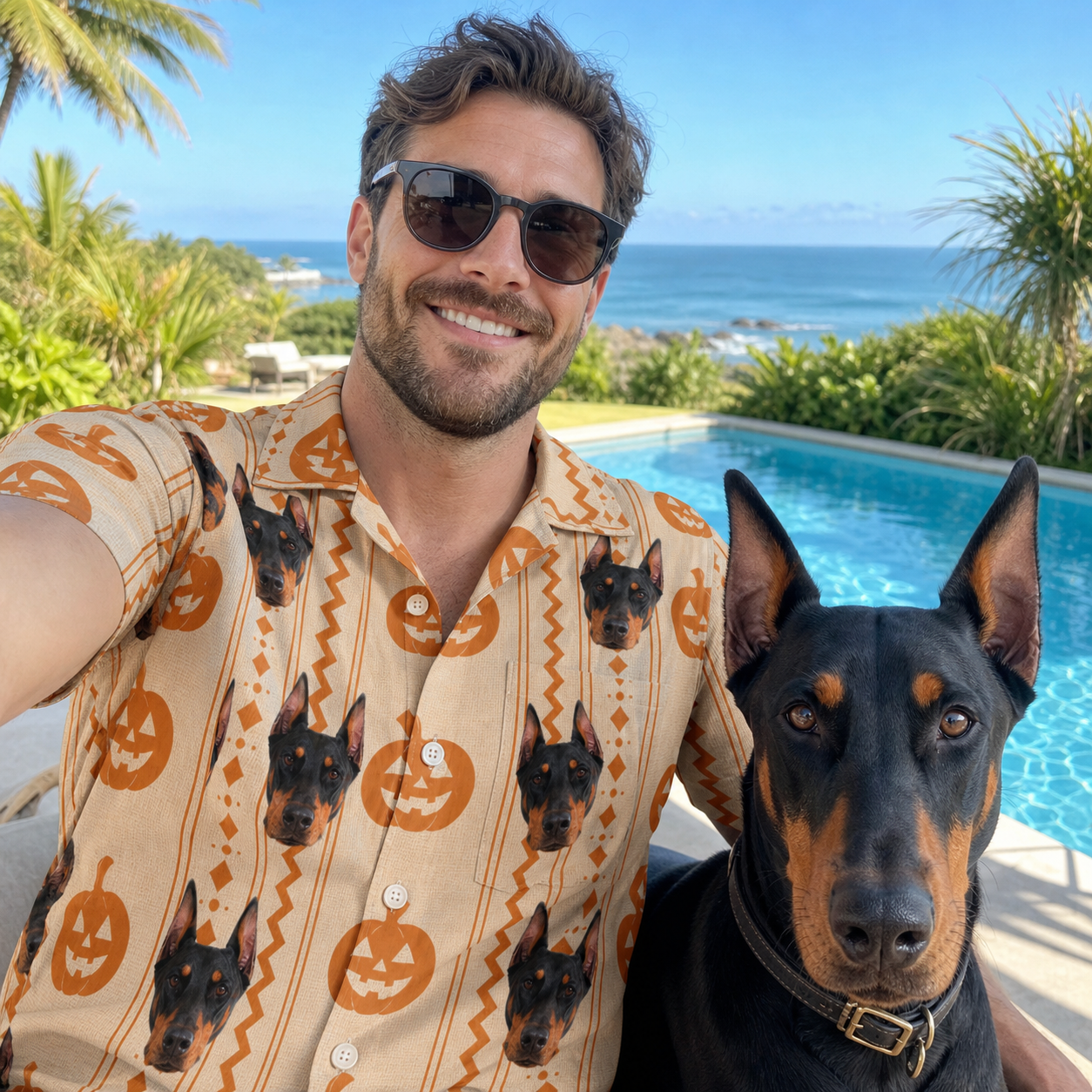 Selfie with the pet whose face is printed all over this Men's Spooky Squash Custom Dog Face Hawaiian Shirt