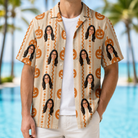 Man wearing Men's Spooky Squash Custom Face Hawaiian Shirt open over a white tee