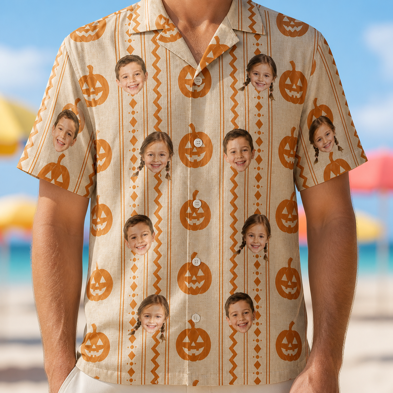 Model wearing Men's Spooky Squash Custom Face Hawaiian Shirt printed with kids' faces