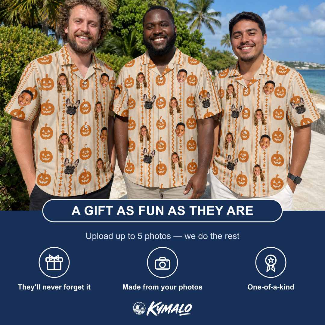 Friends in matching Men's Spooky Squash Custom Face Hawaiian Shirt — a group gift photo