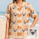 Woman wearing Women's Spooky Squash Custom Cat Face Hawaiian Shirt — custom faces printed all-over
