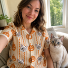 Selfie with the pet whose face is printed all over this Women's Spooky Squash Custom Cat Face Hawaiian Shirt