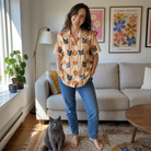 Full-length photo with the pet printed all over this Women's Spooky Squash Custom Cat Face Hawaiian Shirt
