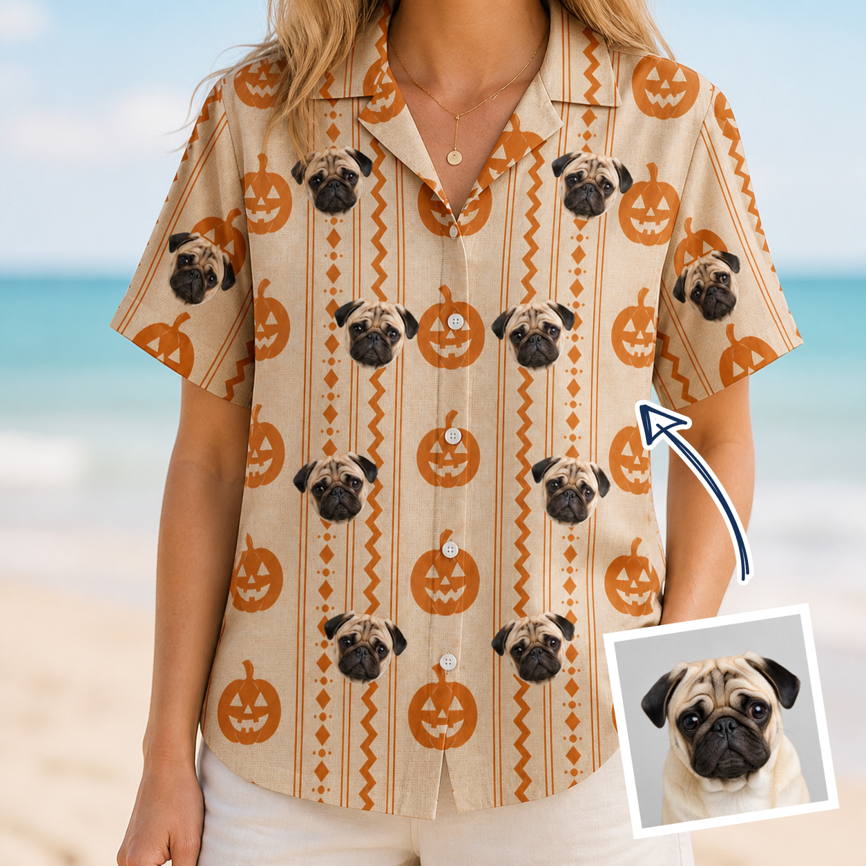 Woman wearing Women's Spooky Squash Custom Dog Face Hawaiian Shirt — custom faces printed all-over