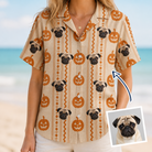 Woman wearing Women's Spooky Squash Custom Dog Face Hawaiian Shirt — custom faces printed all-over