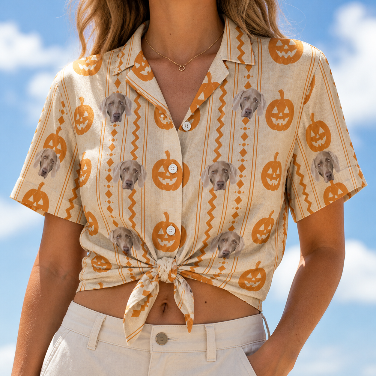 Woman wearing Women's Spooky Squash Custom Dog Face Hawaiian Shirt tied at the waist
