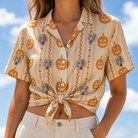 Woman wearing Women's Spooky Squash Custom Dog Face Hawaiian Shirt tied at the waist
