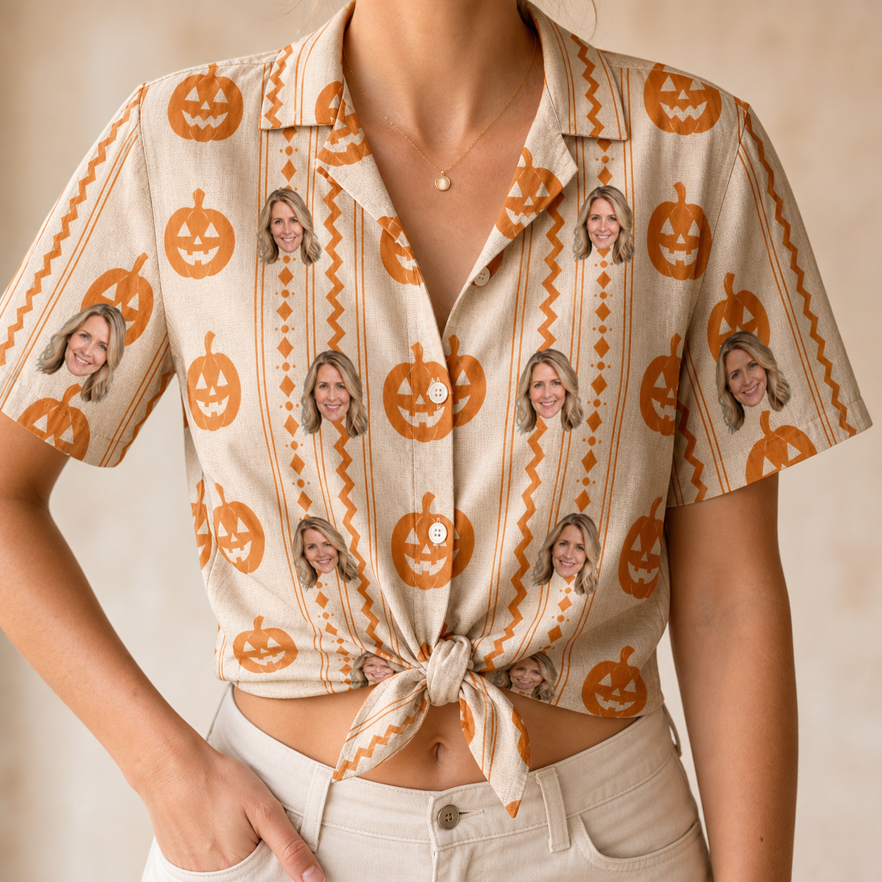 Woman wearing Women's Spooky Squash Custom Face Hawaiian Shirt tied at the waist