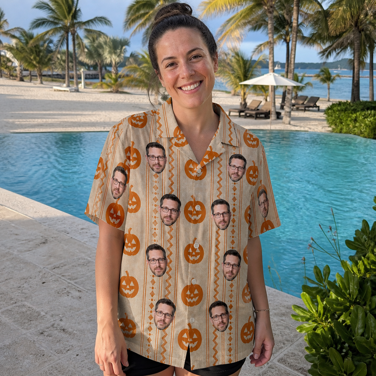 Real-life photo of someone wearing Women's Spooky Squash Custom Face Hawaiian Shirt — custom faces printed all-over