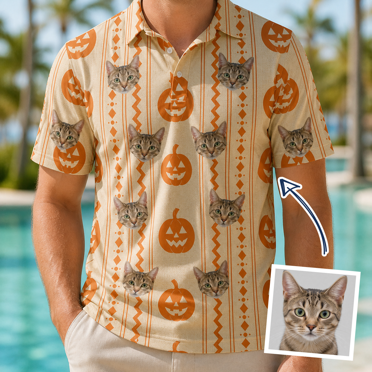 Man wearing Men's Spooky Squash Custom Cat Face Polo Shirt — custom faces printed all-over