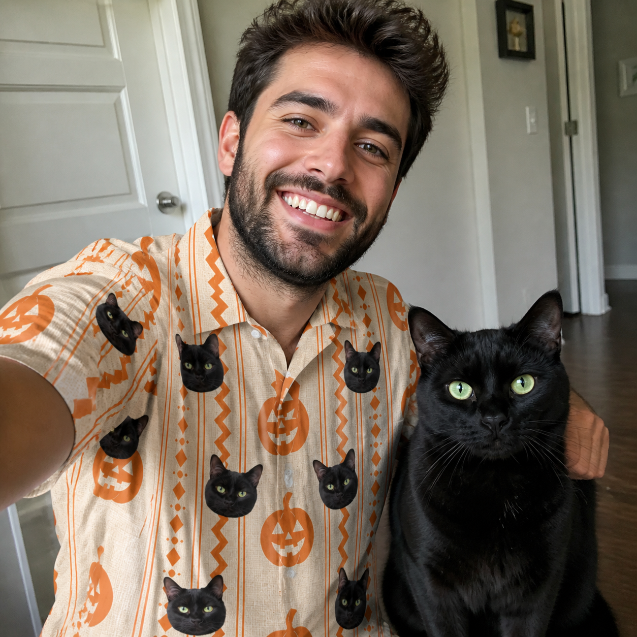 Selfie with the pet whose face is printed all over this Men's Spooky Squash Custom Cat Face Polo Shirt