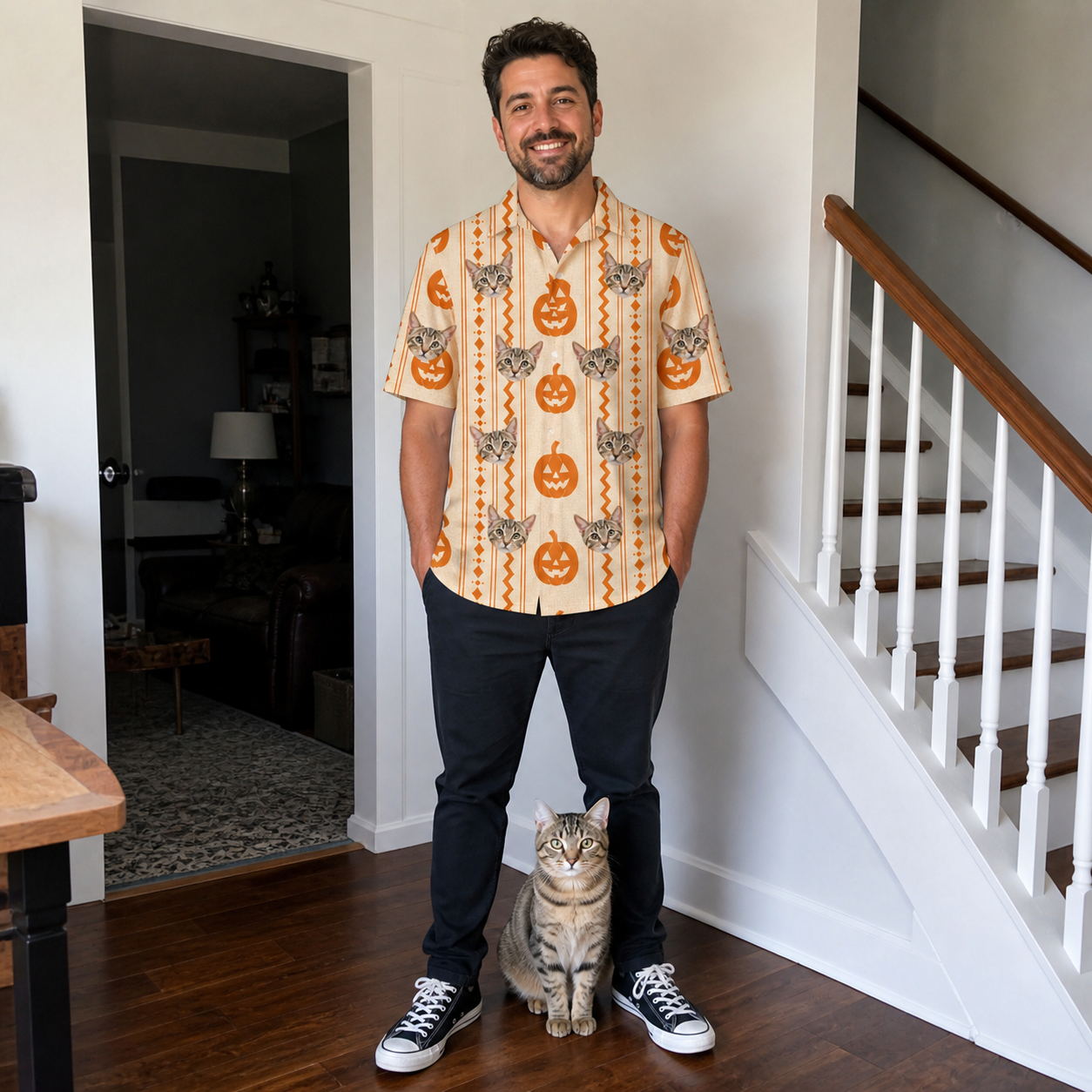 Full-length photo with the pet printed all over this Men's Spooky Squash Custom Cat Face Polo Shirt