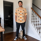 Full-length photo with the pet printed all over this Men's Spooky Squash Custom Cat Face Polo Shirt