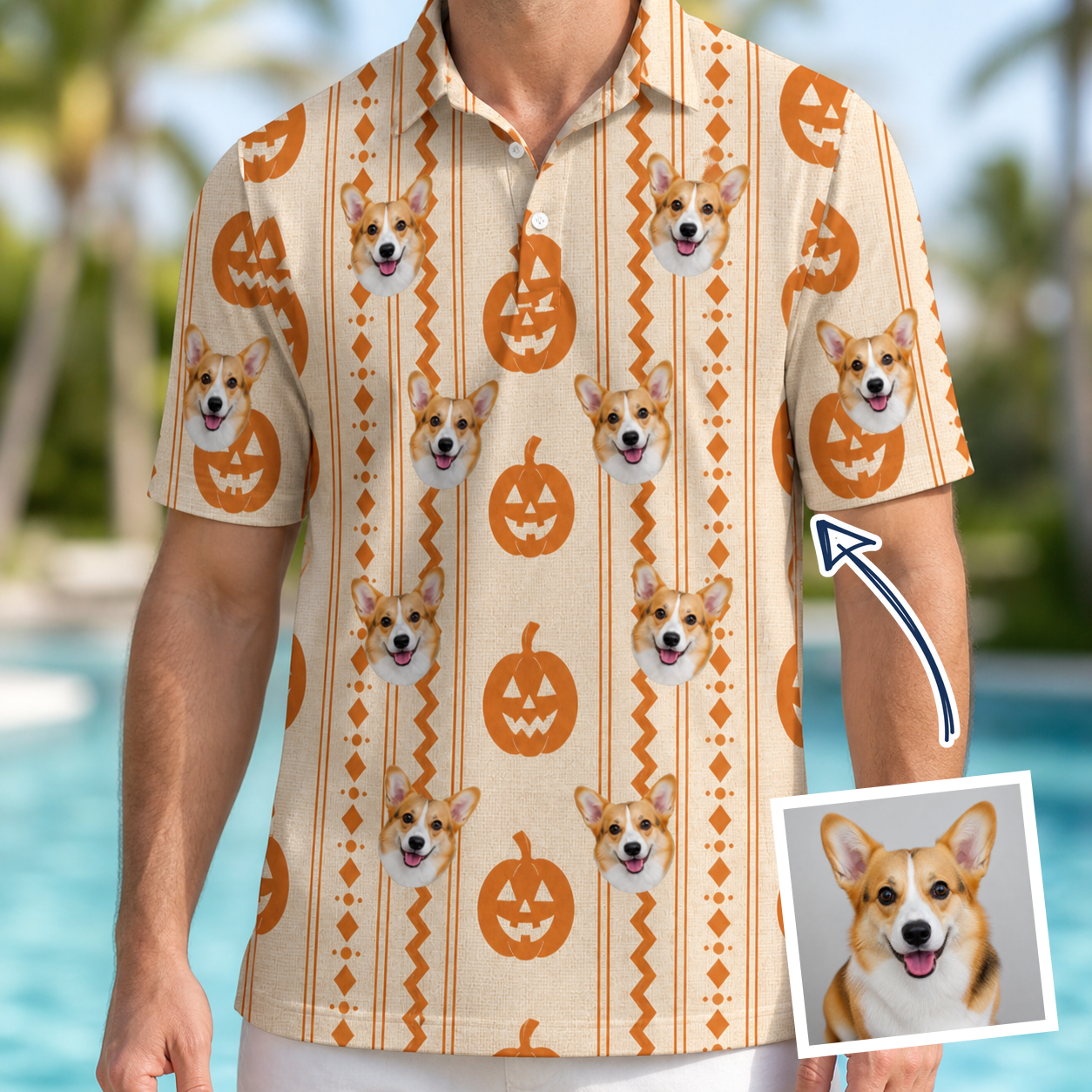 Man wearing Men's Spooky Squash Custom Dog Face Polo Shirt — custom faces printed all-over