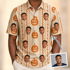 Man wearing Men's Spooky Squash Custom Face Polo Shirt — custom faces printed all-over