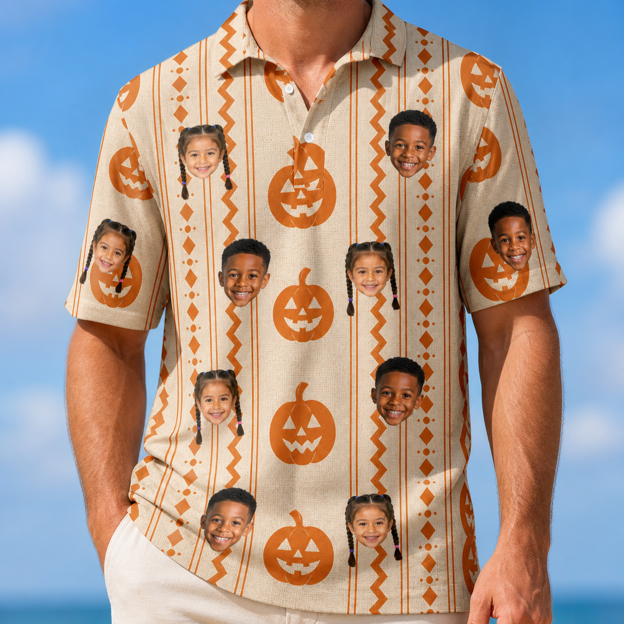Model wearing Men's Spooky Squash Custom Face Polo Shirt printed with kids' faces