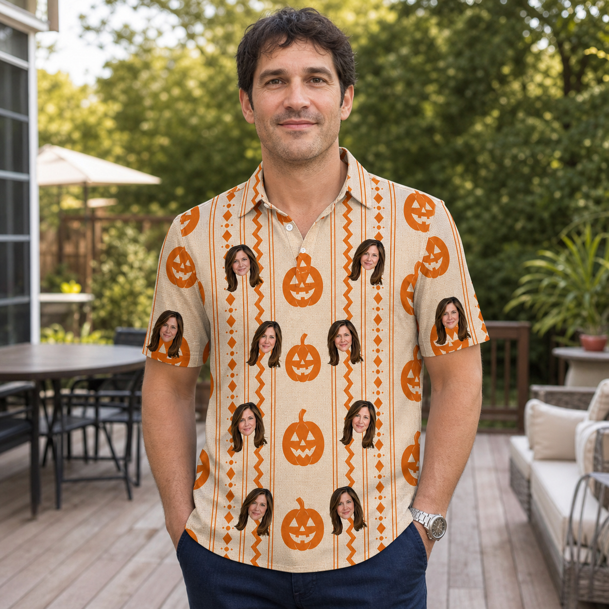 Real-life photo of someone wearing Men's Spooky Squash Custom Face Polo Shirt — custom faces printed all-over
