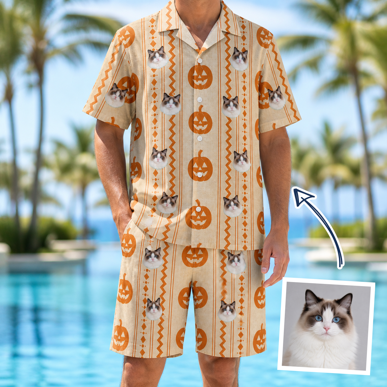 Man wearing Men's Spooky Squash Custom Cat Face Shirt & Shorts Set — custom faces printed all-over