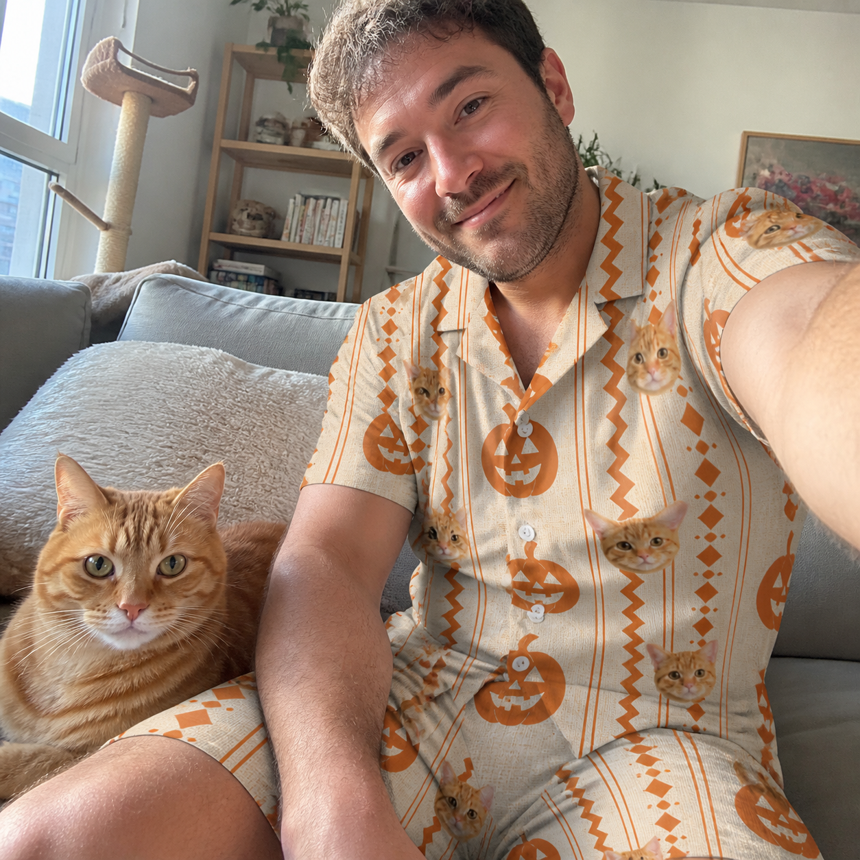 Selfie with the pet whose face is printed all over this Men's Spooky Squash Custom Cat Face Shirt & Shorts Set