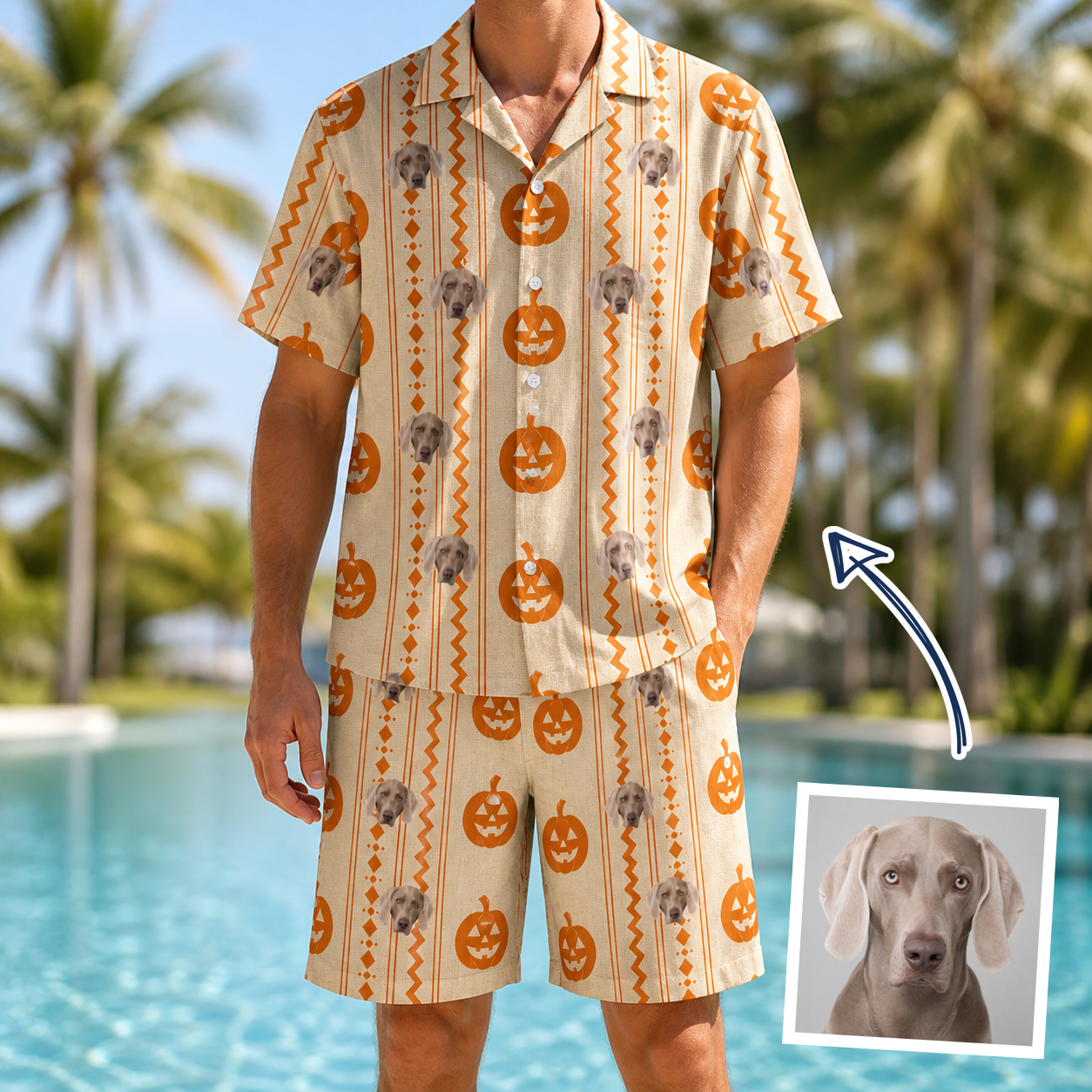 Man wearing Men's Spooky Squash Custom Dog Face Shirt & Shorts Set — custom faces printed all-over