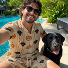 Selfie with the pet whose face is printed all over this Men's Spooky Squash Custom Dog Face Shirt & Shorts Set