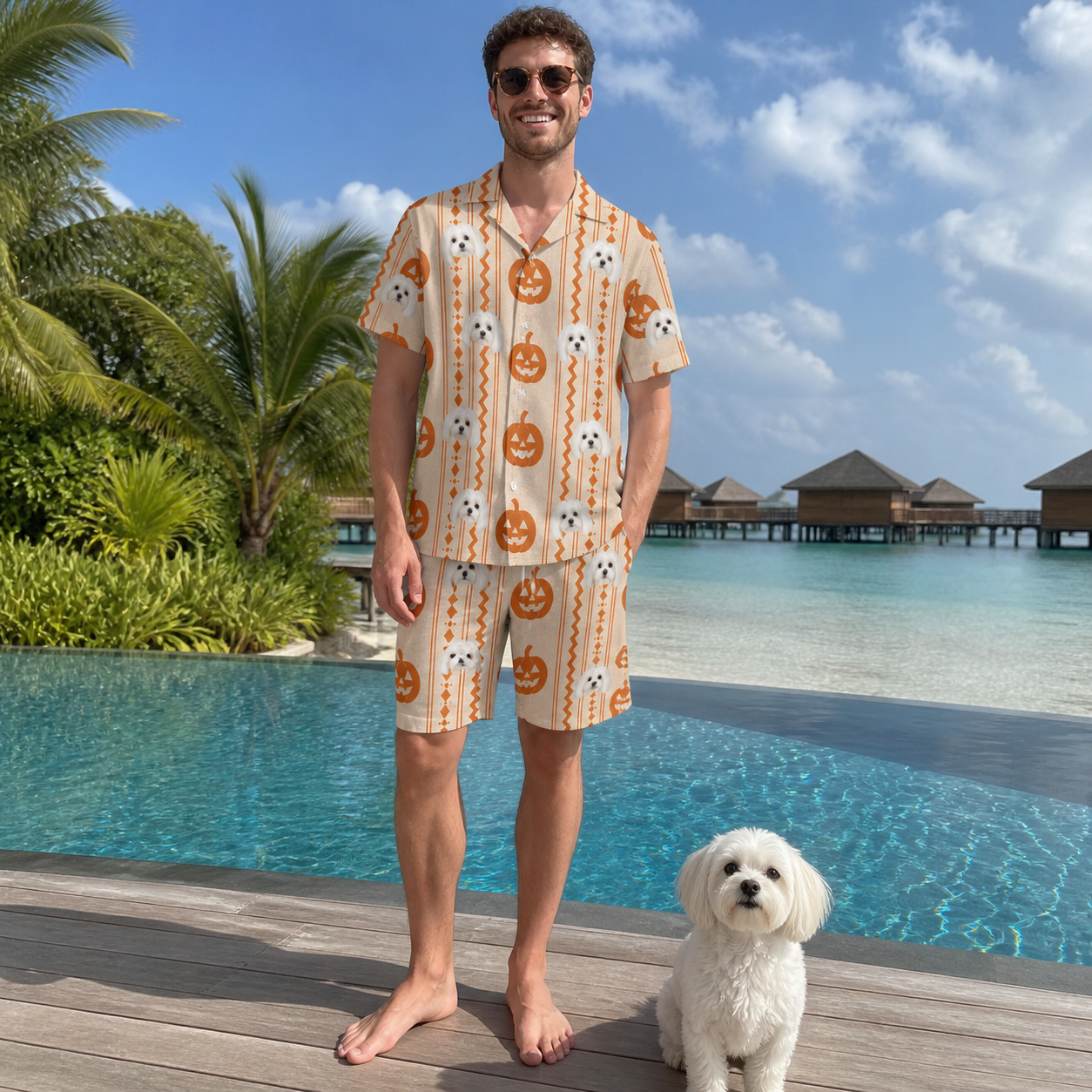 Full-length photo with the pet printed all over this Men's Spooky Squash Custom Dog Face Shirt & Shorts Set