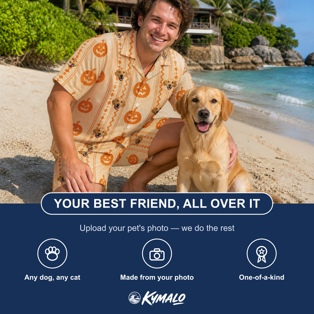 Friends in matching Men's Spooky Squash Custom Dog Face Shirt & Shorts Set — a group gift photo