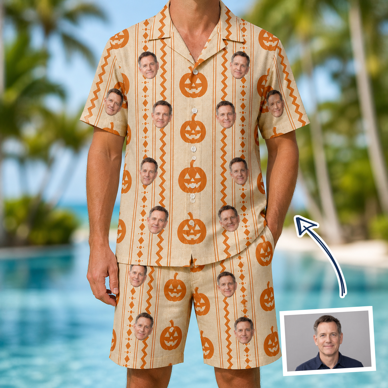 Man wearing Men's Spooky Squash Custom Face Shirt & Shorts Set — custom faces printed all-over