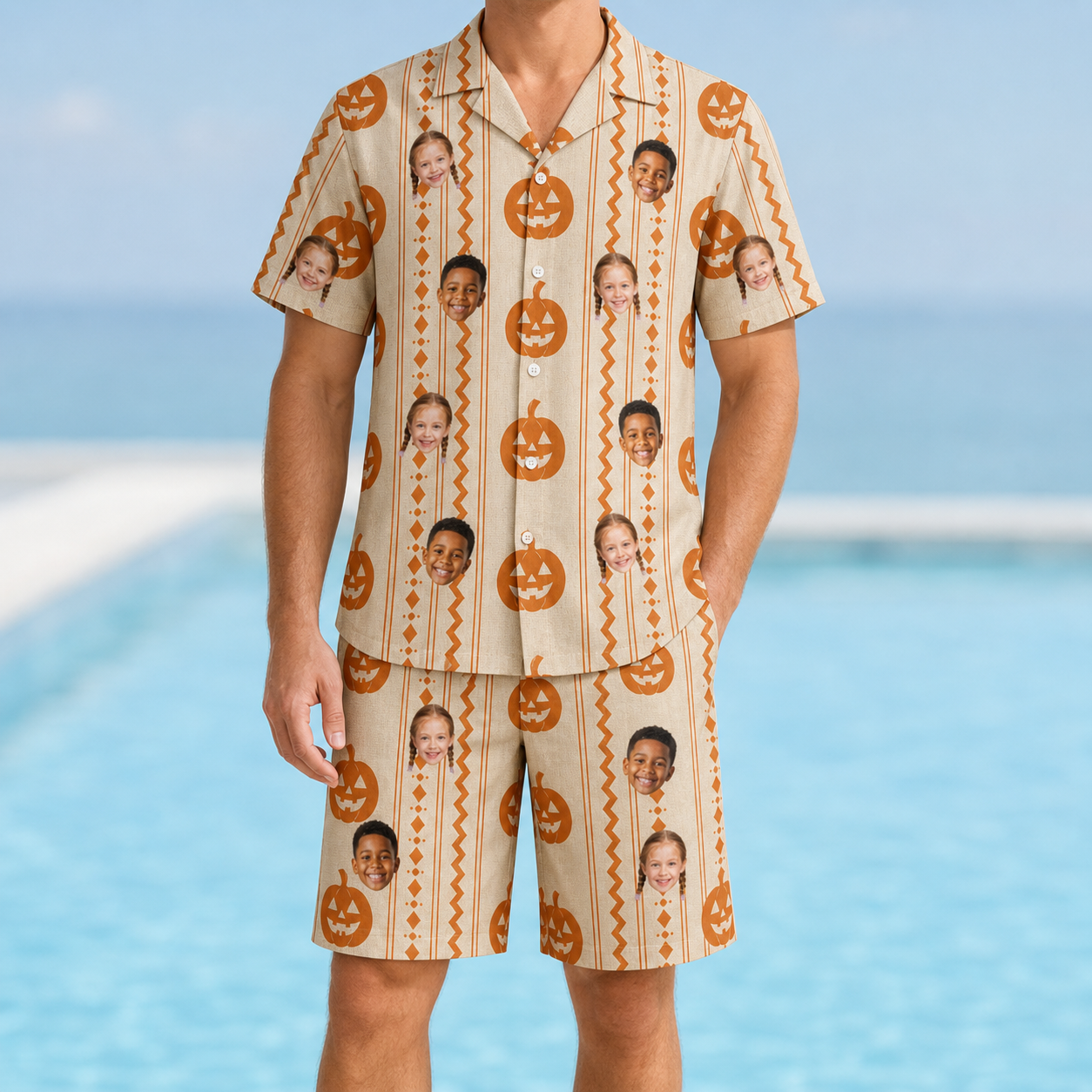 Model wearing Men's Spooky Squash Custom Face Shirt & Shorts Set printed with kids' faces