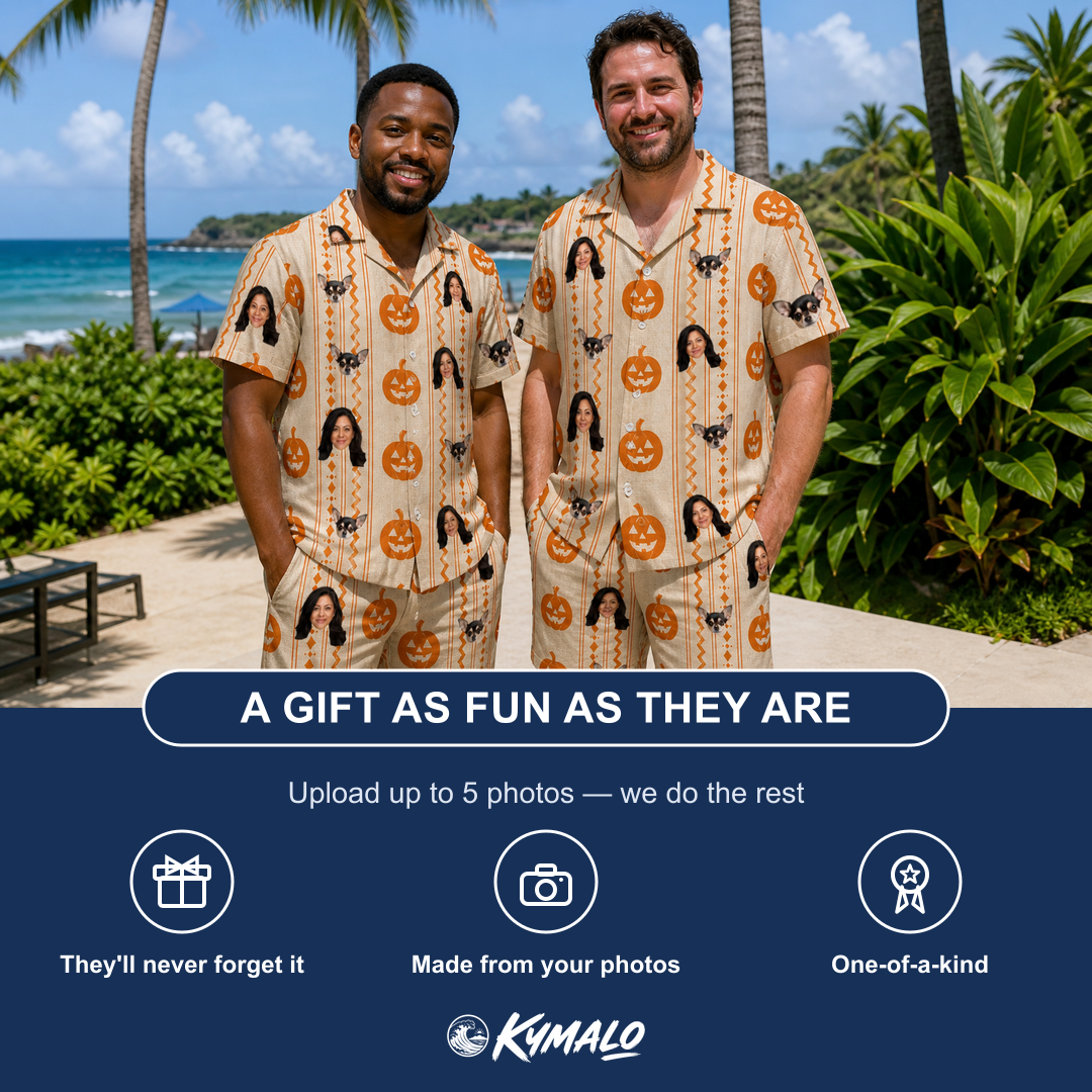 Friends in matching Men's Spooky Squash Custom Face Shirt & Shorts Set — a group gift photo