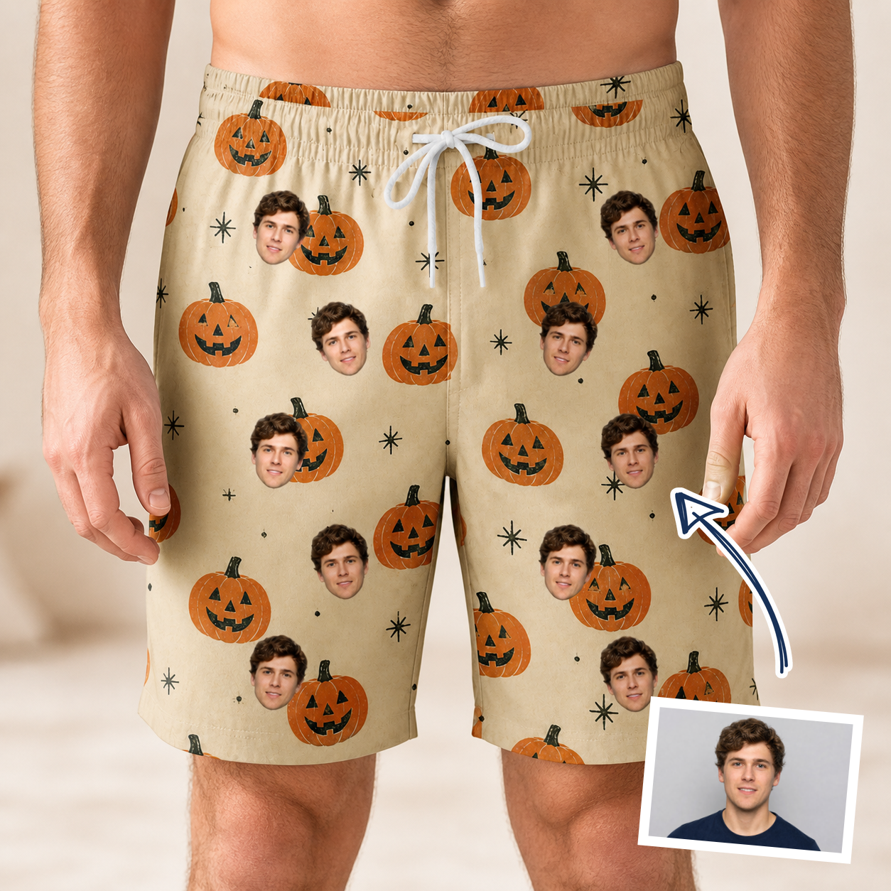 Man wearing Men's Gourd Grins Custom Face Beach Shorts — custom faces printed all-over