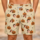 Model wearing Men's Gourd Grins Custom Face Beach Shorts printed with kids' faces