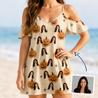 Woman wearing Women's Gourd Grins Custom Face Off-Shoulder Dress — custom faces printed all-over