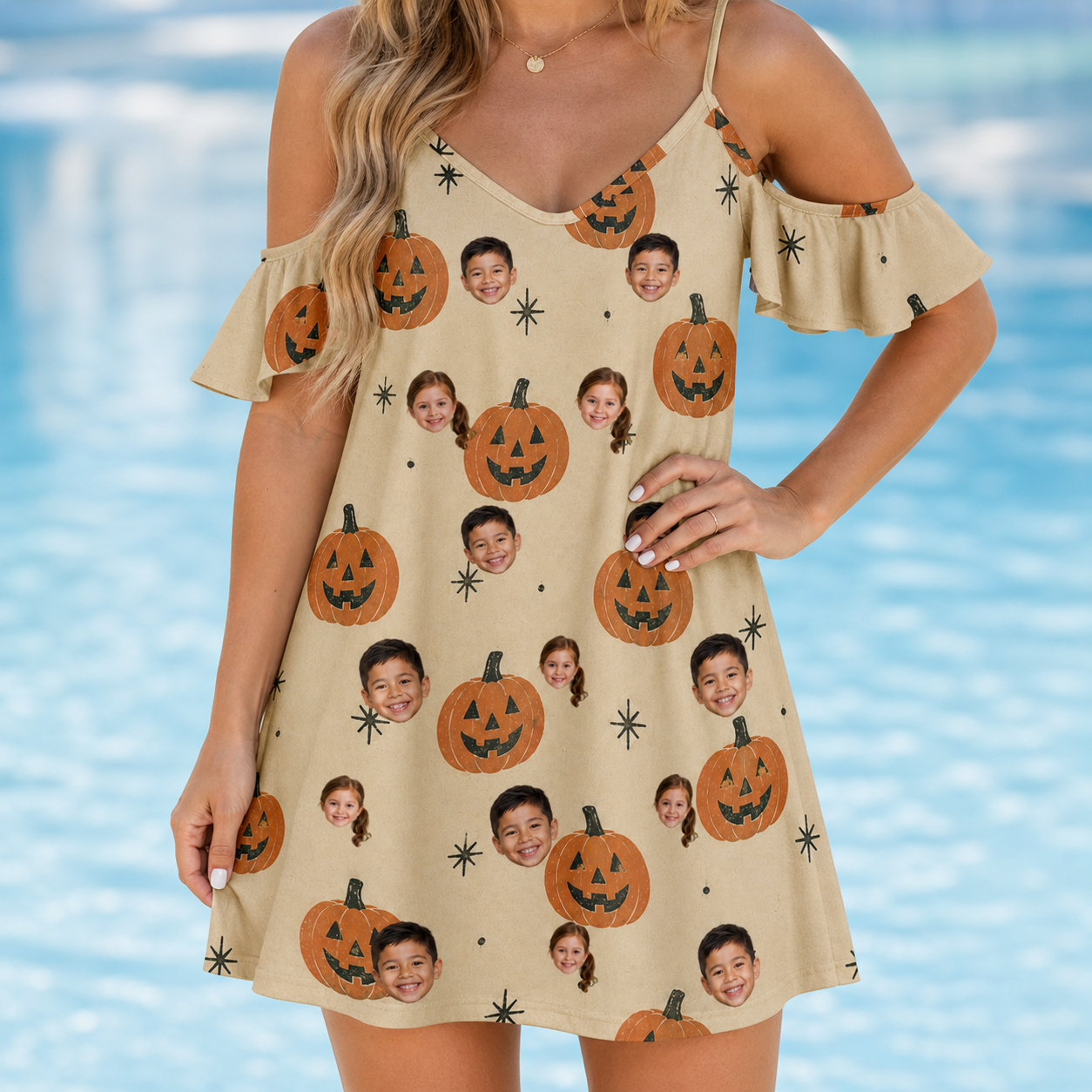 Model wearing Women's Gourd Grins Custom Face Off-Shoulder Dress printed with kids' faces