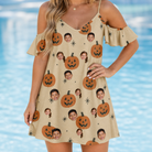 Model wearing Women's Gourd Grins Custom Face Off-Shoulder Dress printed with kids' faces