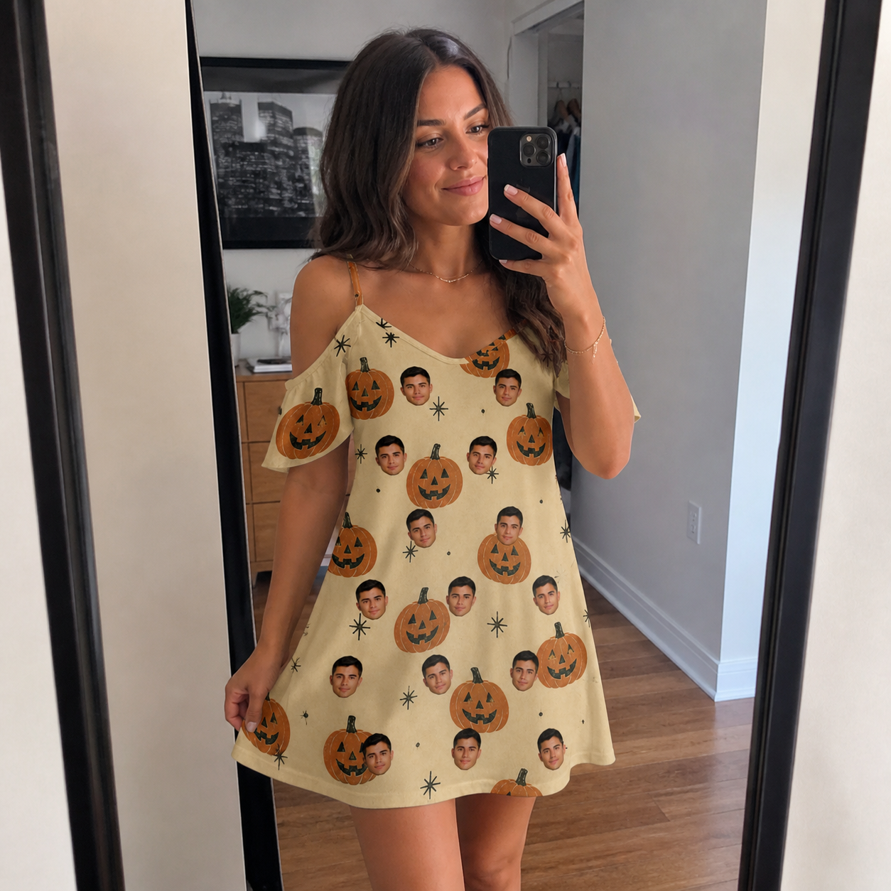 Real-life photo of someone wearing Women's Gourd Grins Custom Face Off-Shoulder Dress — custom faces printed all-over