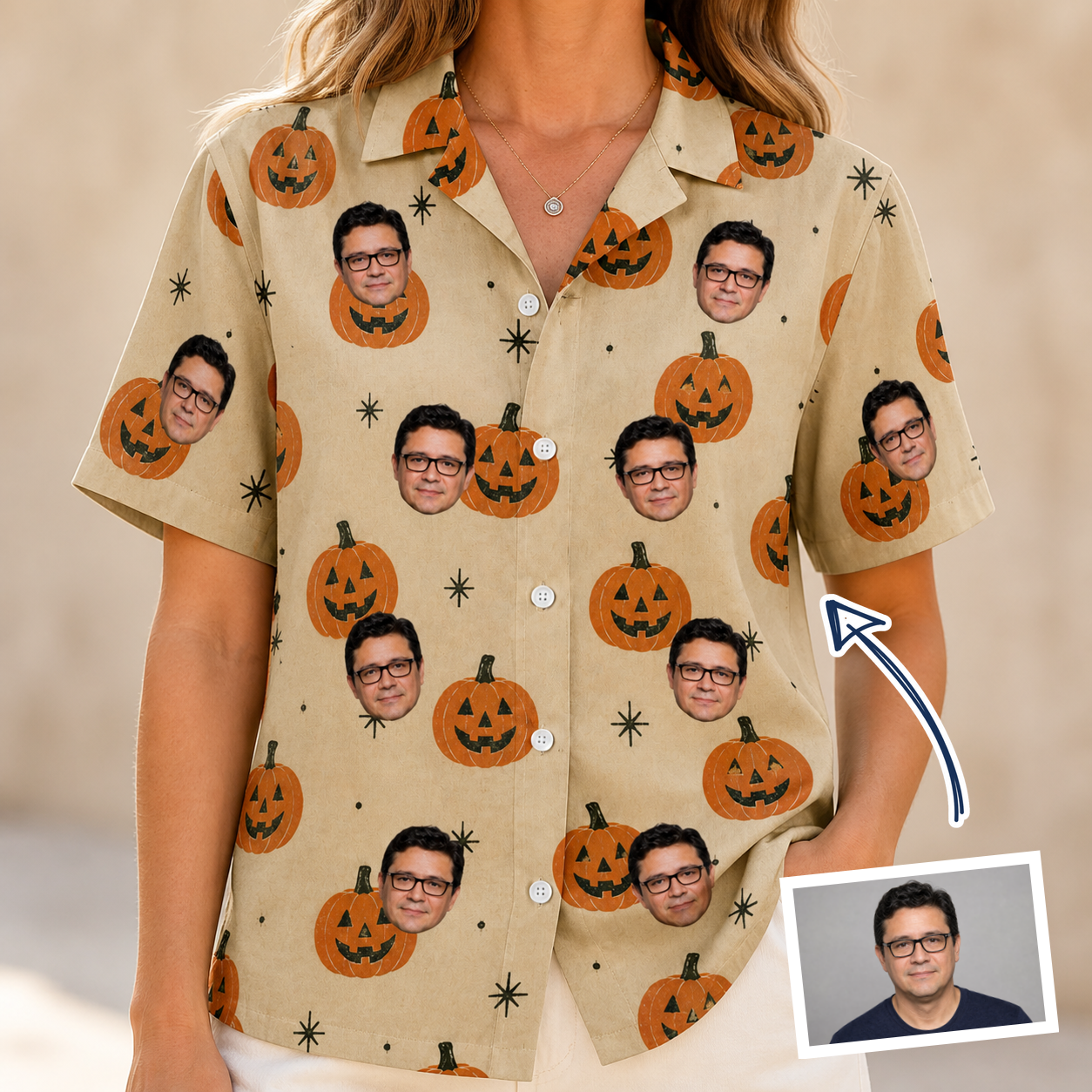 Woman wearing Women's Gourd Grins Custom Face Hawaiian Shirt — custom faces printed all-over