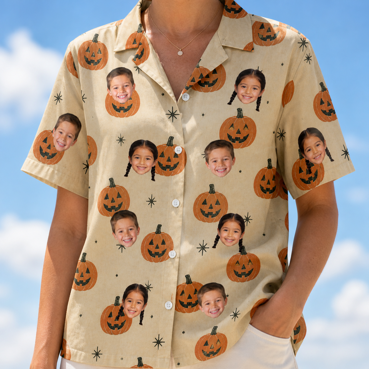 Model wearing Women's Gourd Grins Custom Face Hawaiian Shirt printed with kids' faces