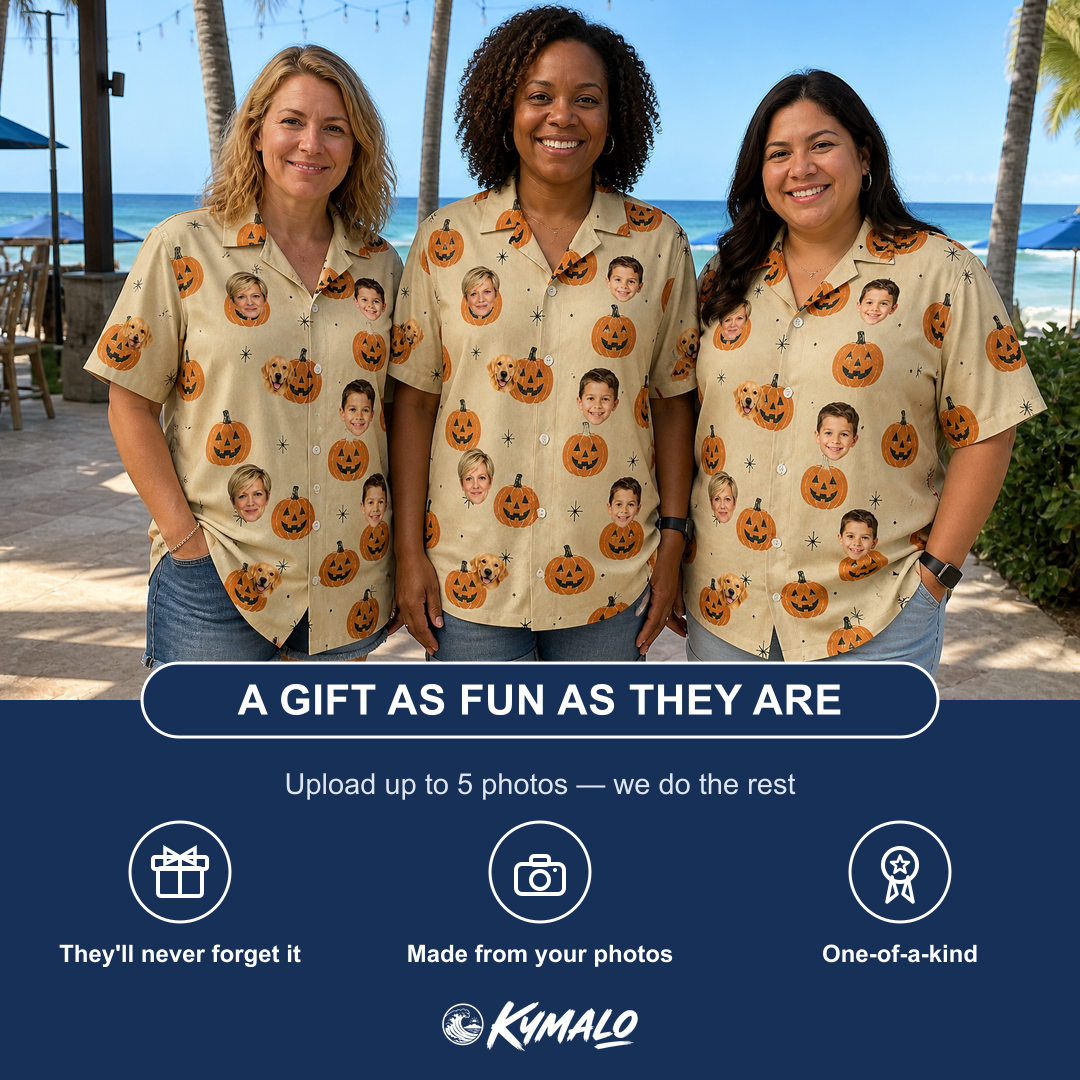Friends in matching Women's Gourd Grins Custom Face Hawaiian Shirt — a group gift photo