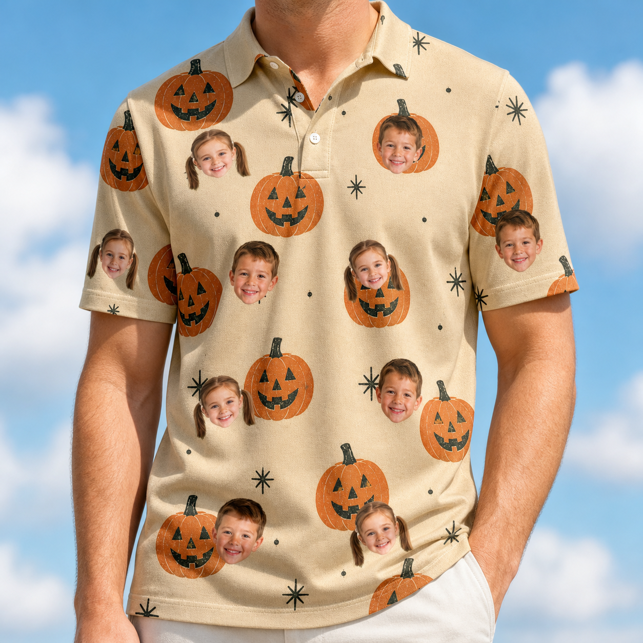 Model wearing Men's Gourd Grins Custom Face Polo Shirt printed with kids' faces