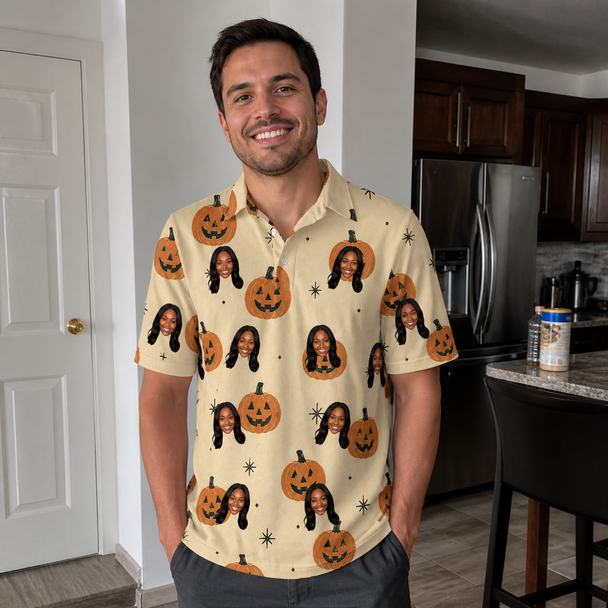 Real-life photo of someone wearing Men's Gourd Grins Custom Face Polo Shirt — custom faces printed all-over