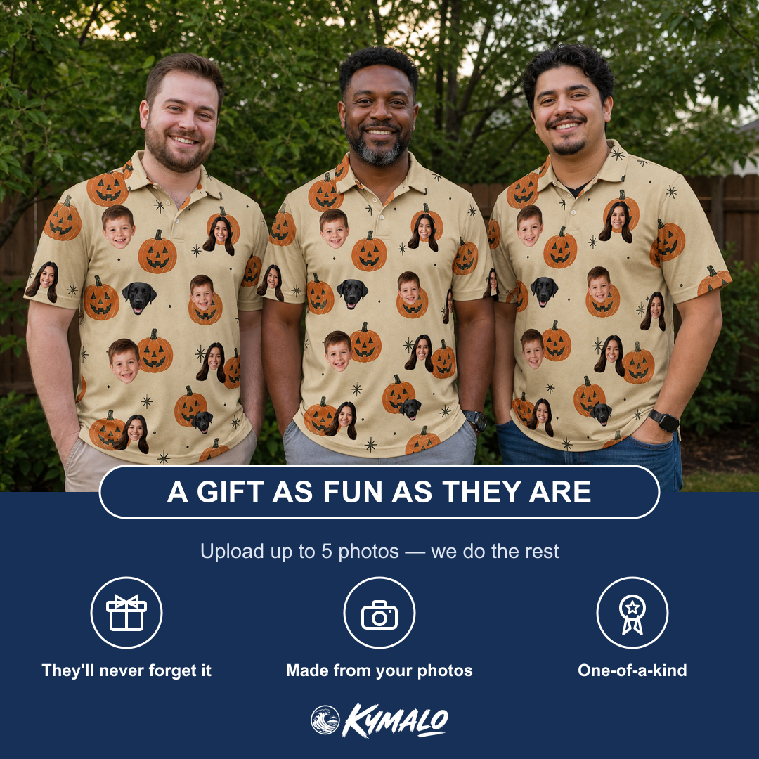 Friends in matching Men's Gourd Grins Custom Face Polo Shirt — a group gift photo
