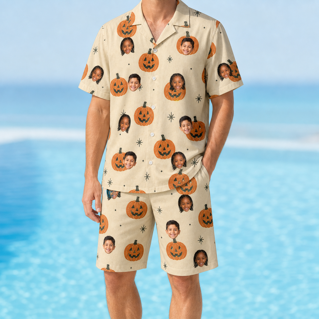 Model wearing Men's Gourd Grins Custom Face Shirt & Shorts Set printed with kids' faces