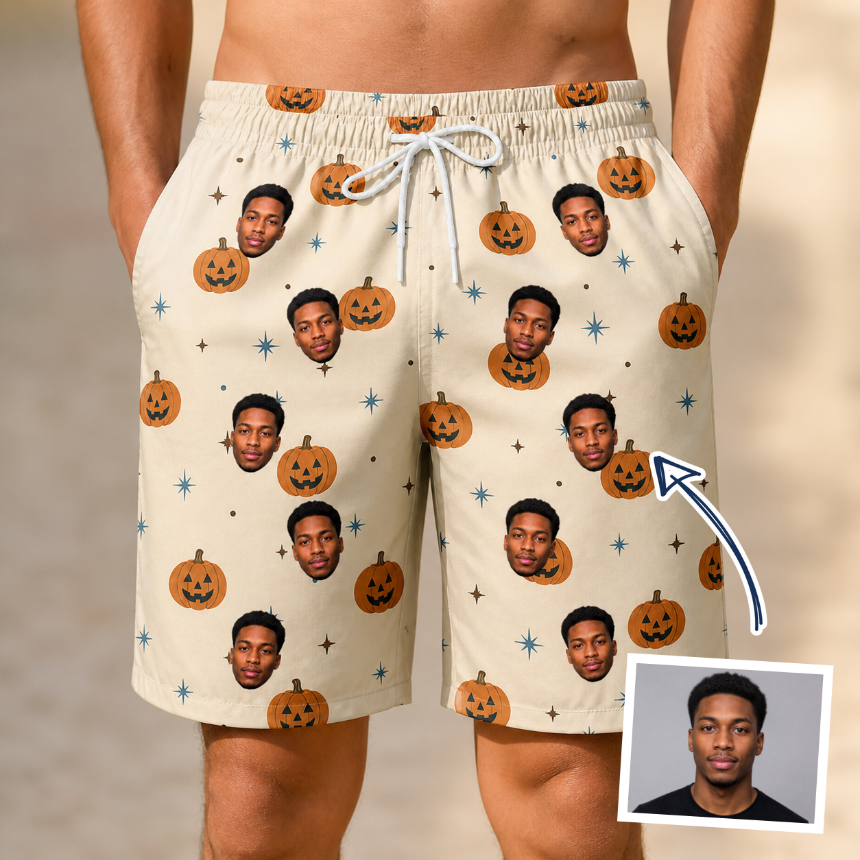 Man wearing Men's Lantern Laughs Custom Face Beach Shorts — custom faces printed all-over