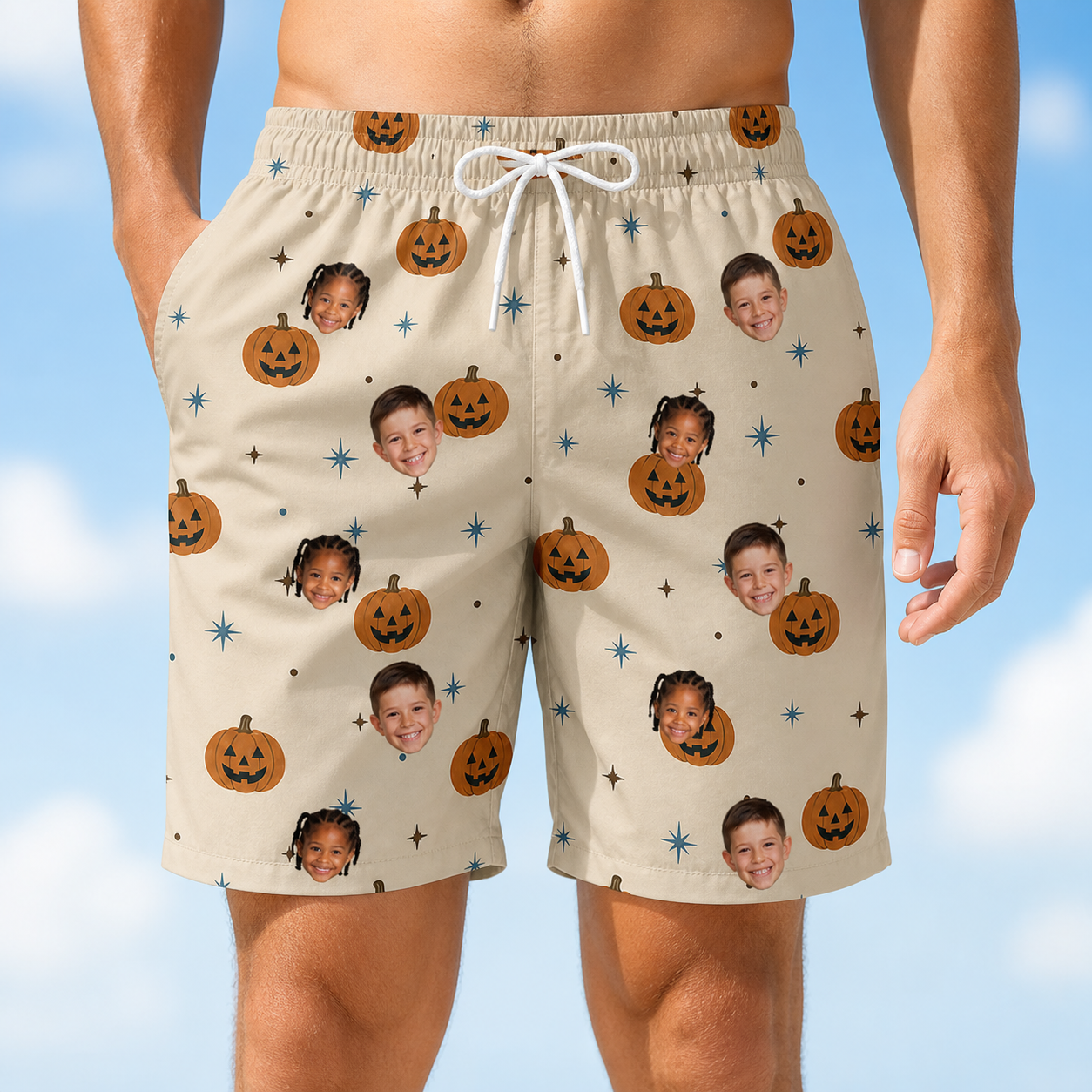 Model wearing Men's Lantern Laughs Custom Face Beach Shorts printed with kids' faces